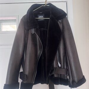 Zara Black Faux Shearling Aviator-Style Jacket